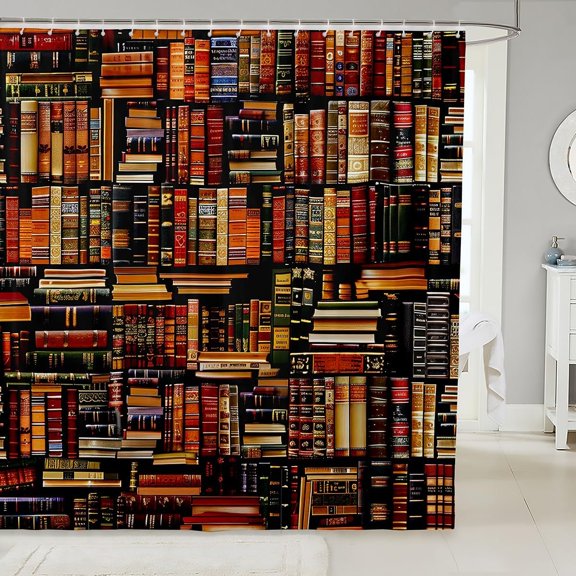 Vintage Bookshelf Shower Curtain 71x71 Inches Waterproof Fabric Bath Curtain for Bathroom Decor