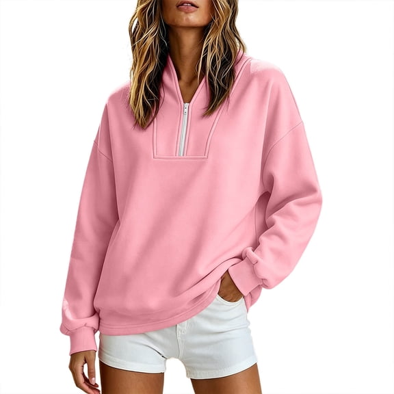 Hurxie Women's Quarter Zip Sweatshirts Long Sleeve Mock Neck Hoodies Oversized Pullover Tops Fall Clothes Pink,S