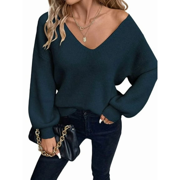 Women Off the Shoulder V Neck Sweater Top Fitted Long Sleeve Shirt Tie Back Sweater Royal Blue XL