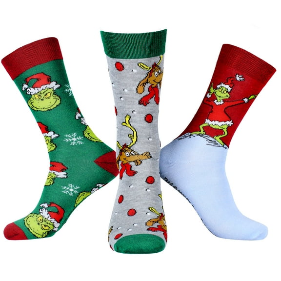 Dr Seuss The Grinch Character Design Adult Holiday 3 Pair Crew Socks
