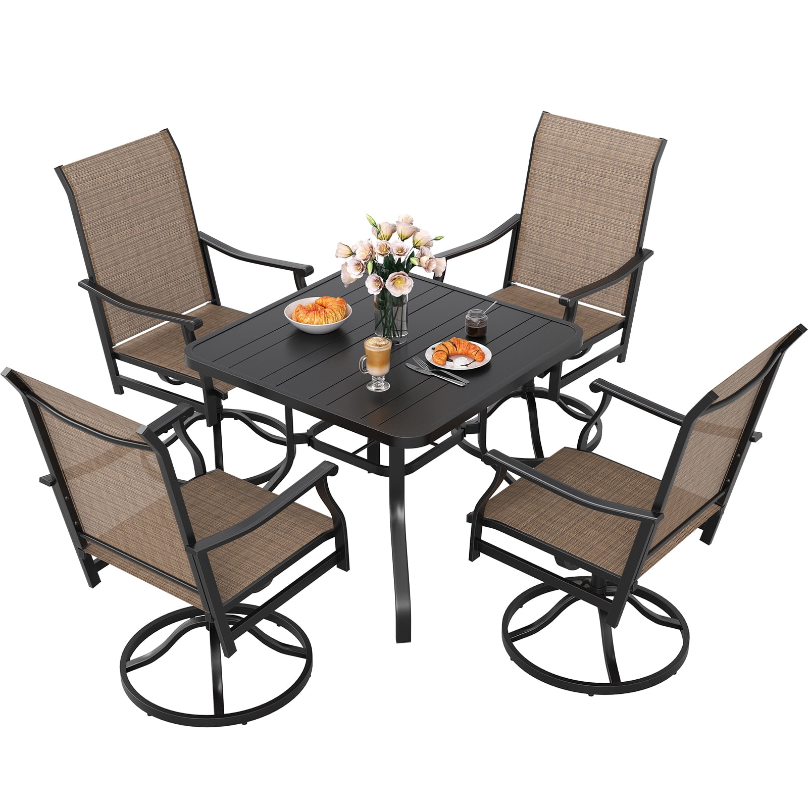 STARY Outdoor Dining Set for 4, 5-Piece Patio Table and Chairs Set, 4 x Swivel Patio Chairs with Textilene Fabric and 35"x35" Outdoor Dining Table with 1.57" Umbrella Hole for Poolside, Backyard