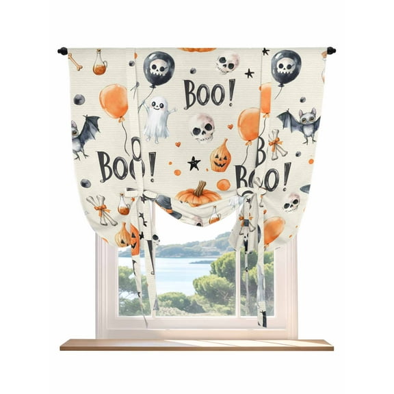 Beige Halloween Tie Up Curtains for Windows 45 Inch Length Balloon Curtains Kitchen Adjustable Balloon Window Shade Scary Pumpkin Ghost Skull Balloon Tie Up Valance Bathroom Curtain Window 42"x45"