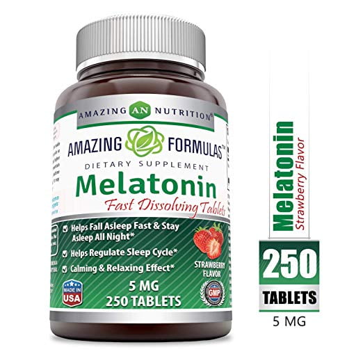 Amazing Formulas Melatonin Quick Dissolve Strawberry - 5 Mg(250 Tablets) (Non-GMO) - Helps Fall Asleep Fast & Stays Asleep All Night - Helps Regulate Sleep Cycle - Calming & Relaxing Effect