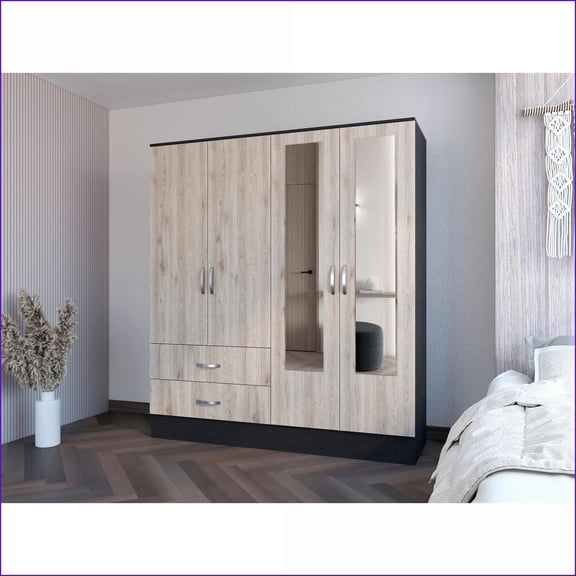 Chests & Wardrobes | Ron 70.8” Armoire with Drawers & Mirrored Cabinet | Black/Light Gray | Engineered Wood