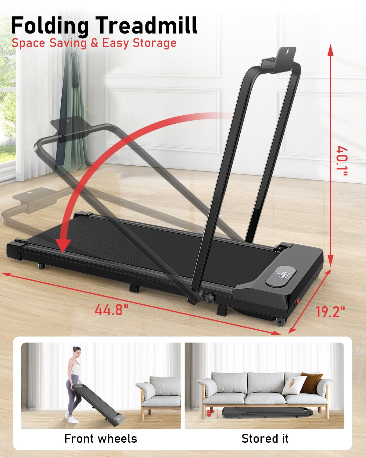 Bigzzia Foldable Walking Pad,2 in 1 Under Desk Treadmill with Remote Control and LED Display,320lb Capacity,Compact & Small Treadmill for Home & Office,Black
