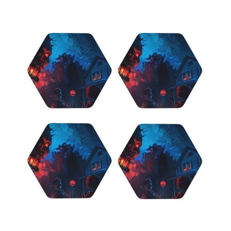 

Fuzoiu Spooky Halloween Night Scene Print Leather Coasters Set Drink Coasters Set of 4 for Tabletop Protection Durable PVC Coasters Home Décor and Housewarming Gift-Hexagon