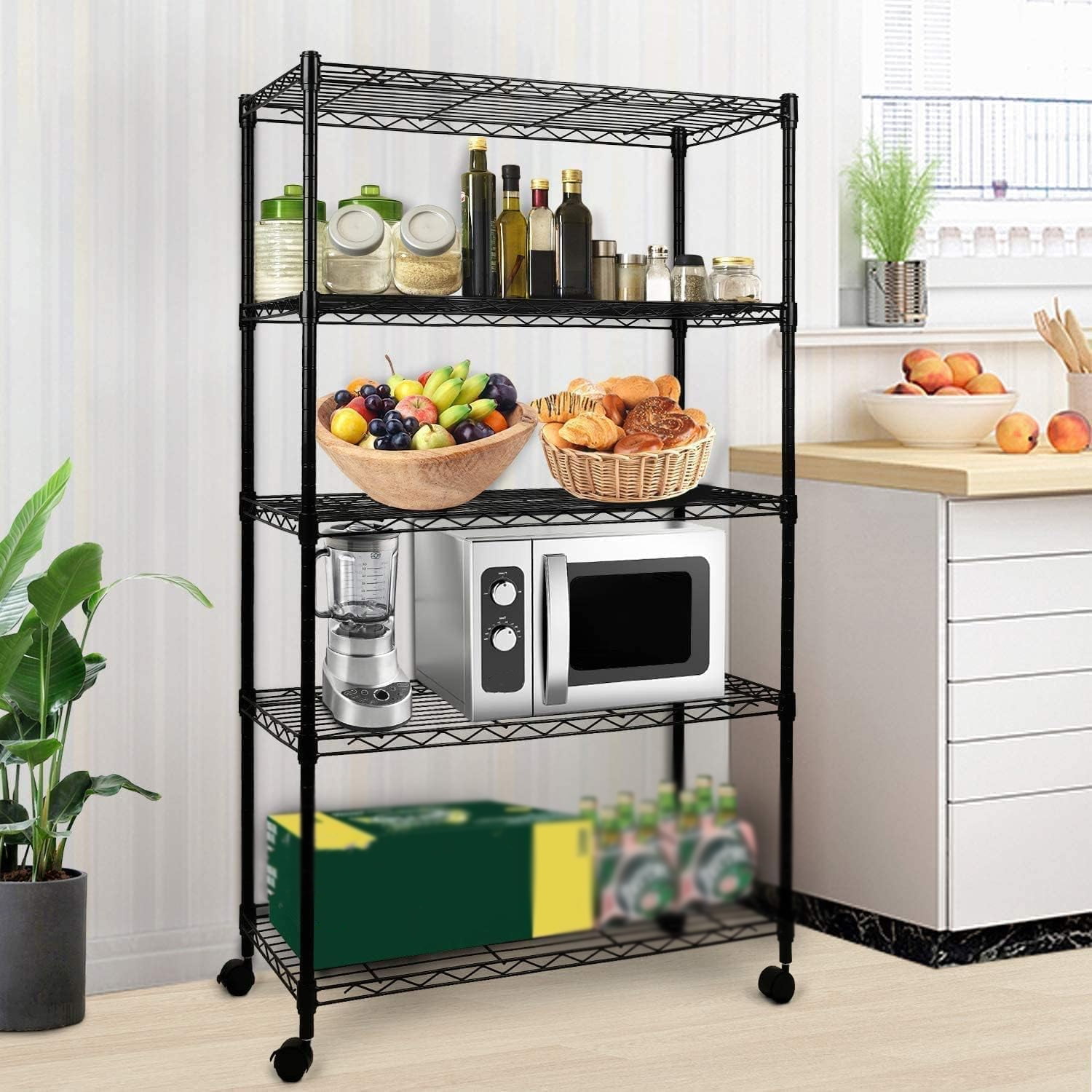 5-Tier Wire Storage Shelves, 30" D x 14" W x 63" H,1250 lb Load Capacity, Black,2-Pack