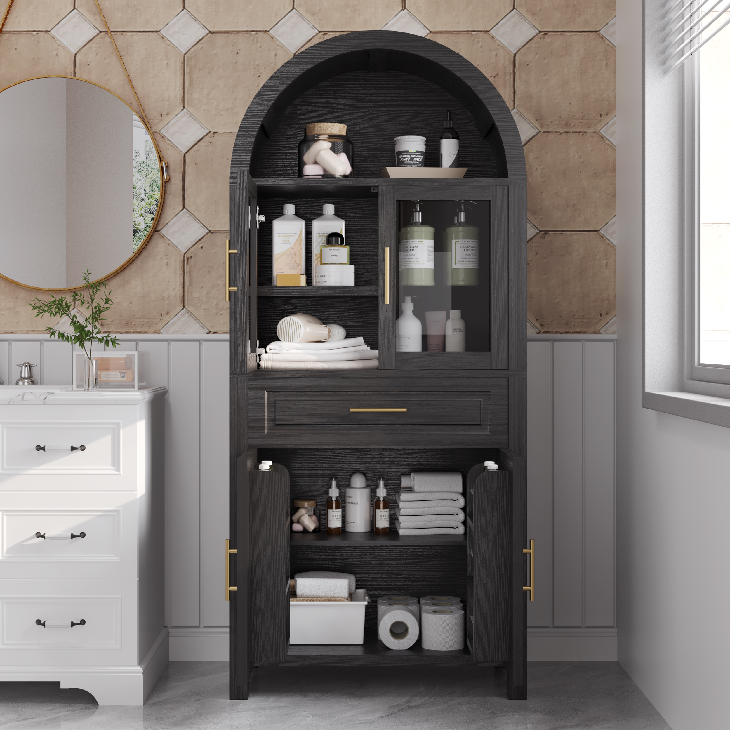 Mintazer Arched Farmhouse Kitchen Pantry Cabinet with Glass Doors, 71" Tall Freestanding Storage with Adjustable Shelves & Drawer for Kitchen Living Room Dining Room, Black