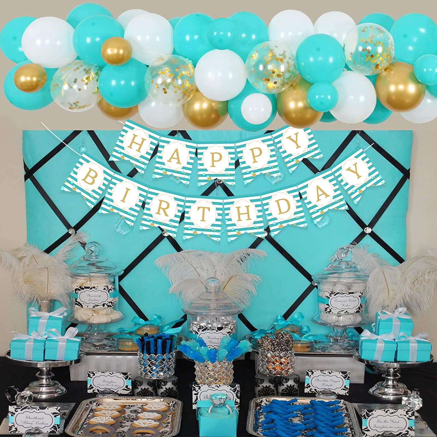 Great Choice Products Teal-Blue Mint Ivory-Gold Party-Decorations Banner,2  Pack Glitter Paper Triangle