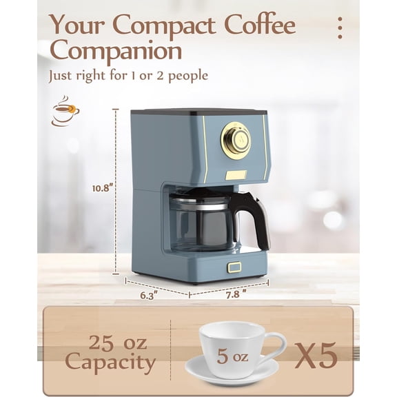 Coffee Maker, 5 Cup Coffee Pot with Three Brewing Modes, Retro Coffee Maker with Glass Carafe & Reusable Coffee Filter, Drip Coffee Maker Ideal for Home or Office, Keep Warm, Ash Blue