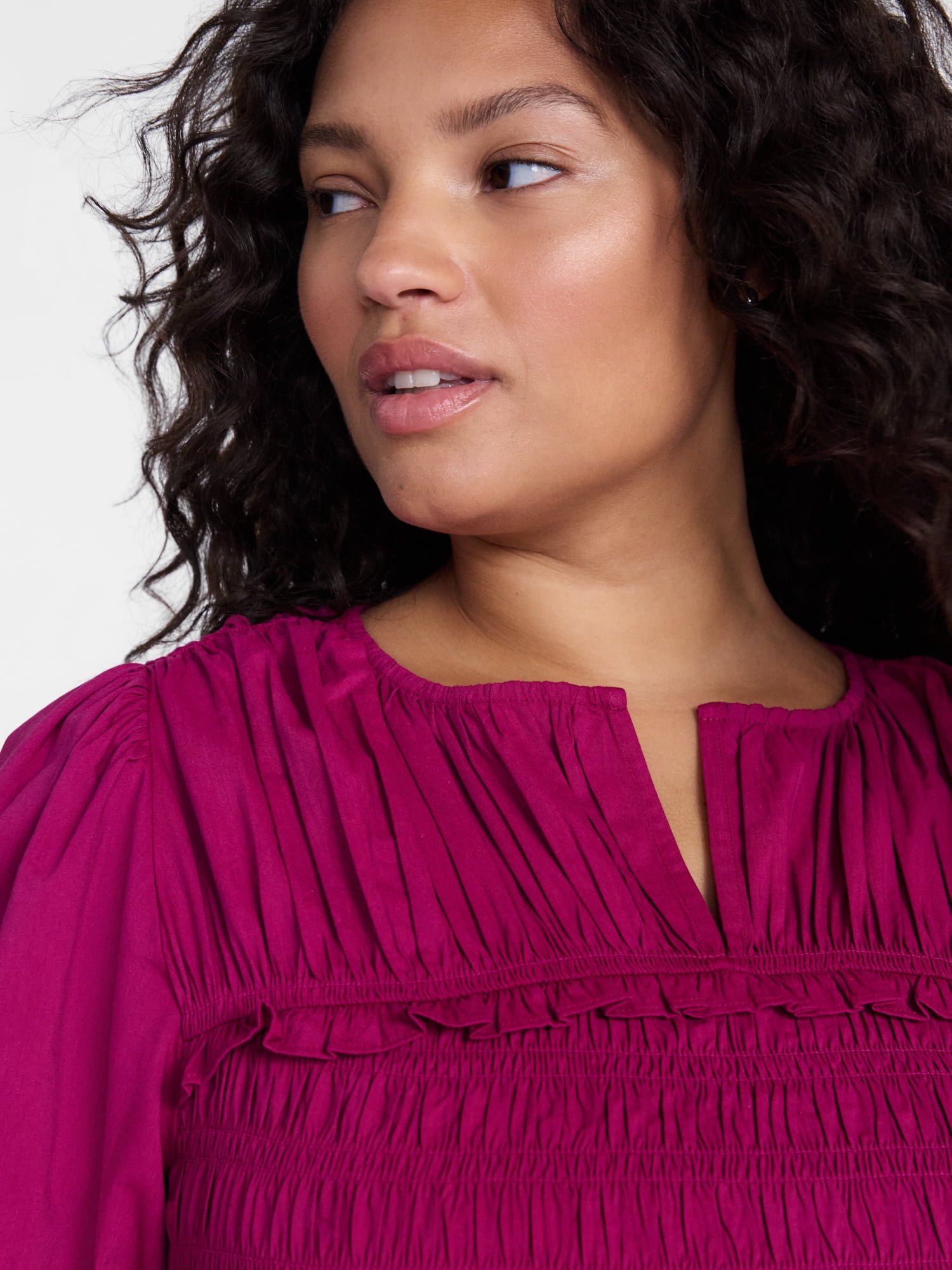 Terra & Sky Women's Plus Smocked Top with Tie Elbow Length Puff Sleeves, Sizes 0X-5X
