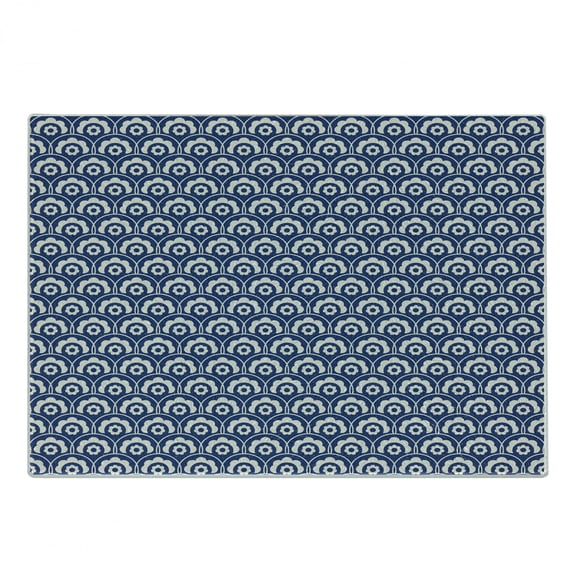 Vintage Cutting Board, Fish Scale Style Pattern with Abstract Floral Motifs Repeating Tile, Decorative Tempered Glass Cutting and Serving Board, Small Size, Off White and Night Blue, by Ambesonne