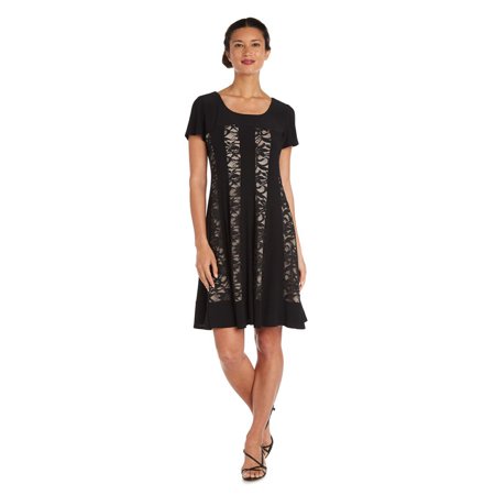 R&M Richards Short Sleeve Glitter Lace Panel Dress, Black/Nude, 8