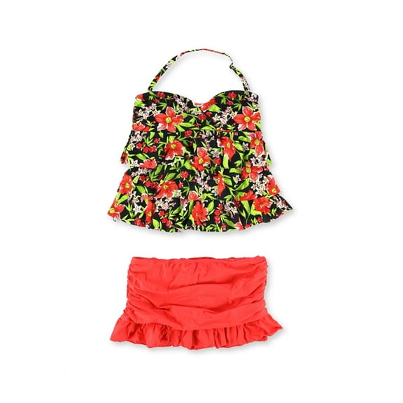 Island Escape Womens Floral Tiered Skirtini 2 Piece Tankini, Orange, 10