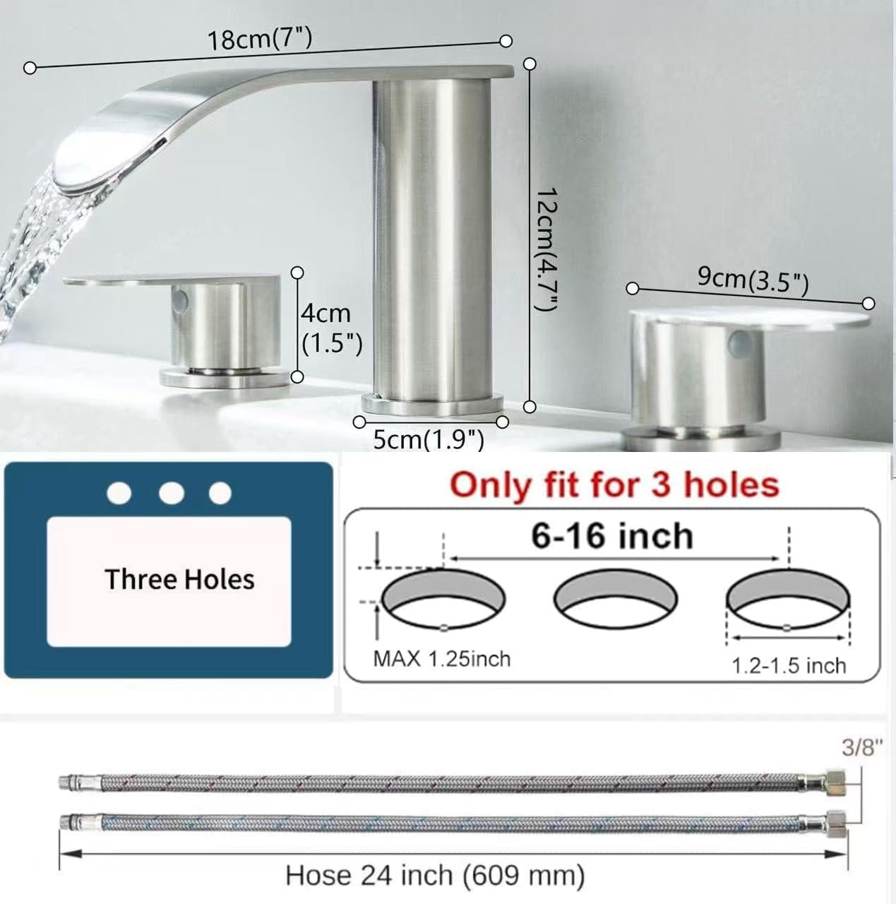 Roman Tub Faucet Brushed Nickel 3 Hole Deck Mount Waterfall Bathtub Faucet Set