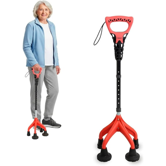KMINA Quad Cane for Women and Men (Sturdy 3.3 lbs), 4 Prong Cane for Stability and Balance, Ergonomic Handle, Supports 350 lbs, Patented Design - Made in Europe