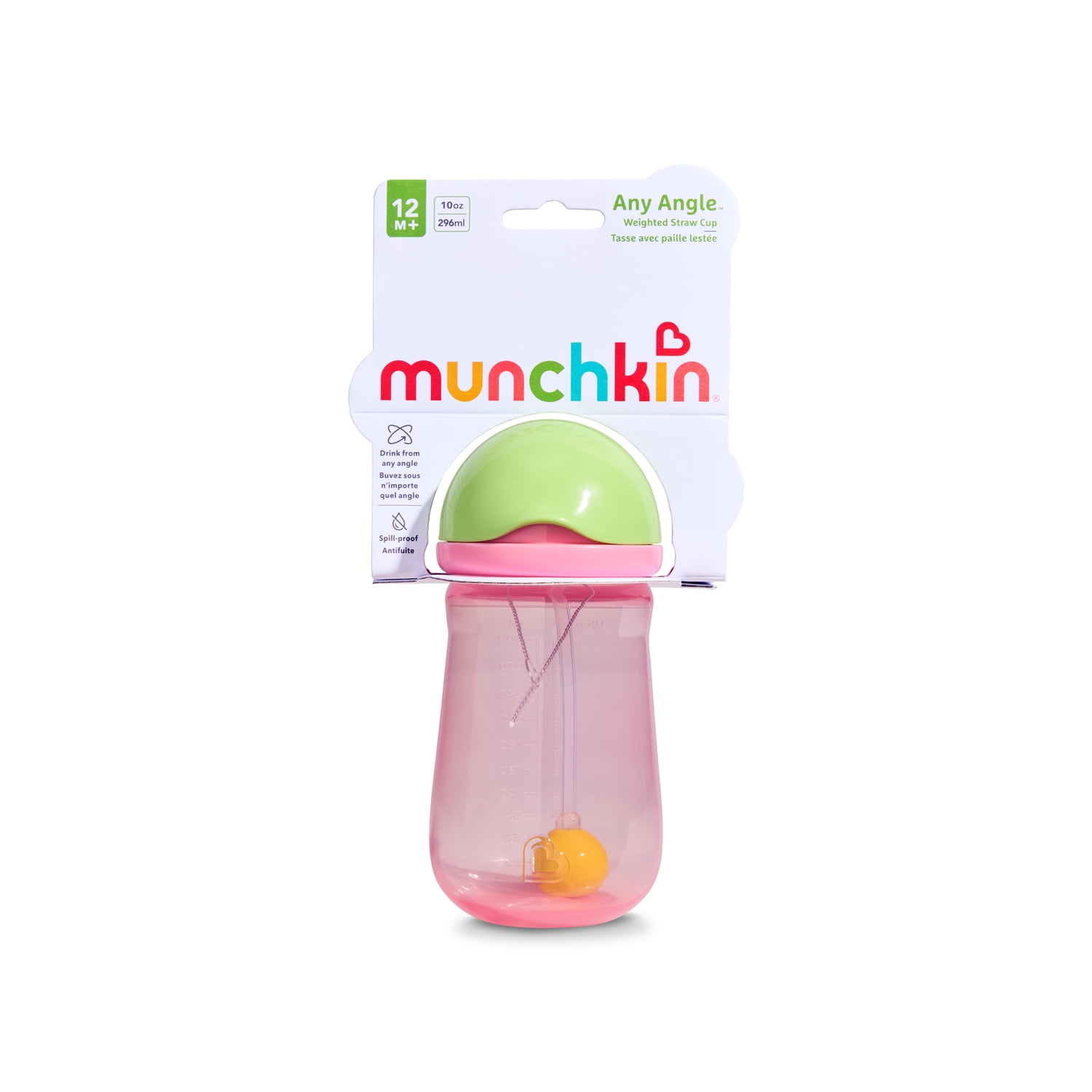 Munchkin Any Angle™ Spill-Proof Weighted Straw Trainer Cup with Click Lock Technology, Baby & Toddler Transition Sippy Cup, 10 oz, Pink/Green, Unisex