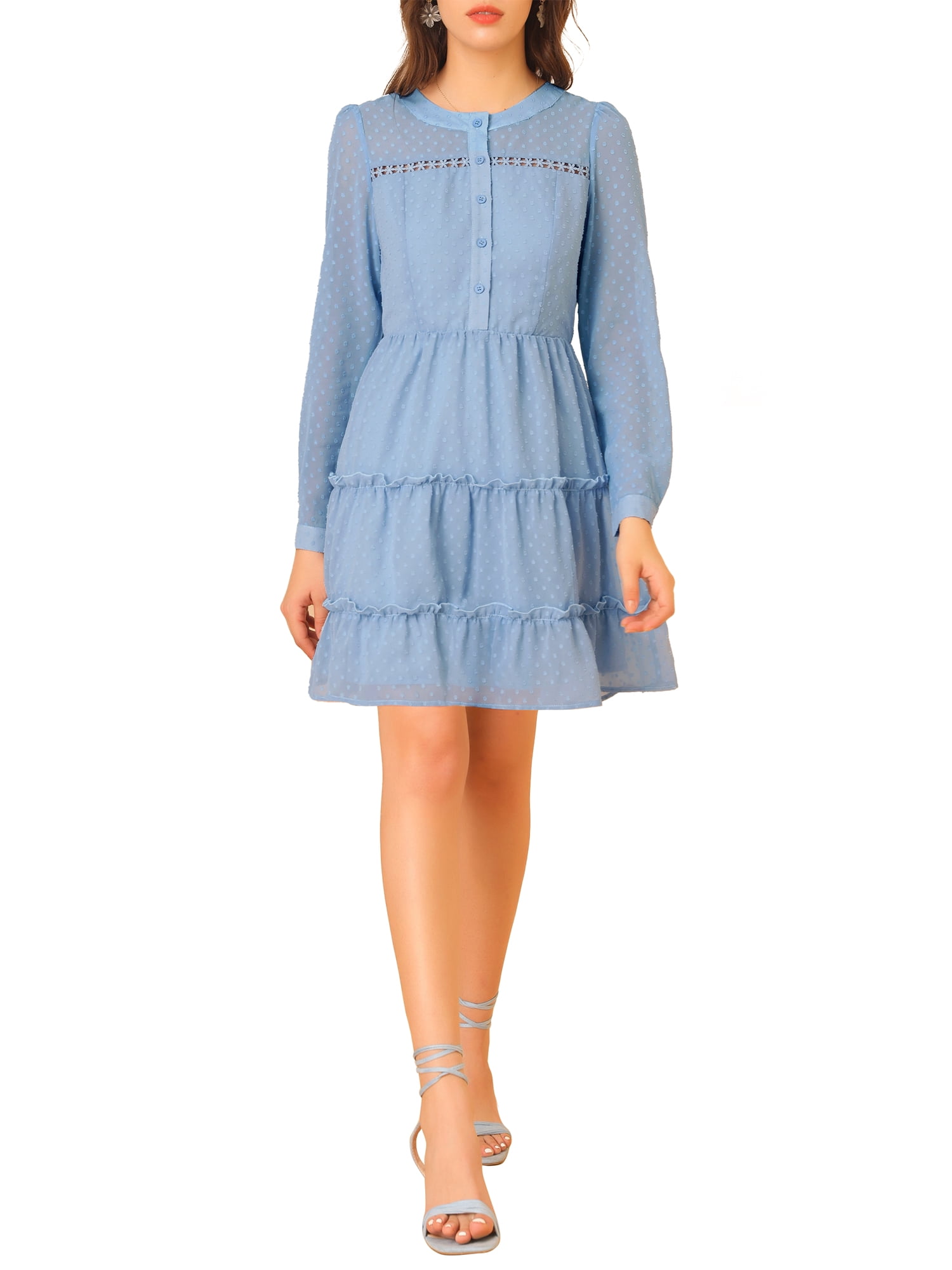 Allegra K Women's Swiss Dots Elastic Waist Gathering Flowy Tiered Chiffon Dress, Size: XS, Blue