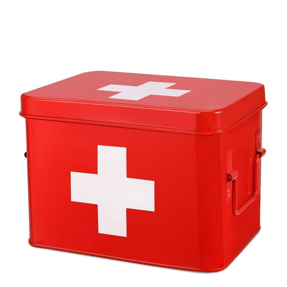 First Aid Medicine Box Supplies Kit Organizer - 8.6" Red Metal Tin Medic Bin Hard Case with Removable Tray, Handle, Storage Compartment, Vintage Antique Empty Boxes for Home Family Emergency Tool Set
