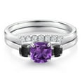 thumbnail image 3 of Gem Stone King 10K White Gold Purple Amethyst Black Onyx and Lab Grown Diamond 3 Stone Bridal Engagement Wedding Ring Set for Women (0.88 Cttw, 5MM and 3MM Cushion Cut, Size 7), 3 of 6