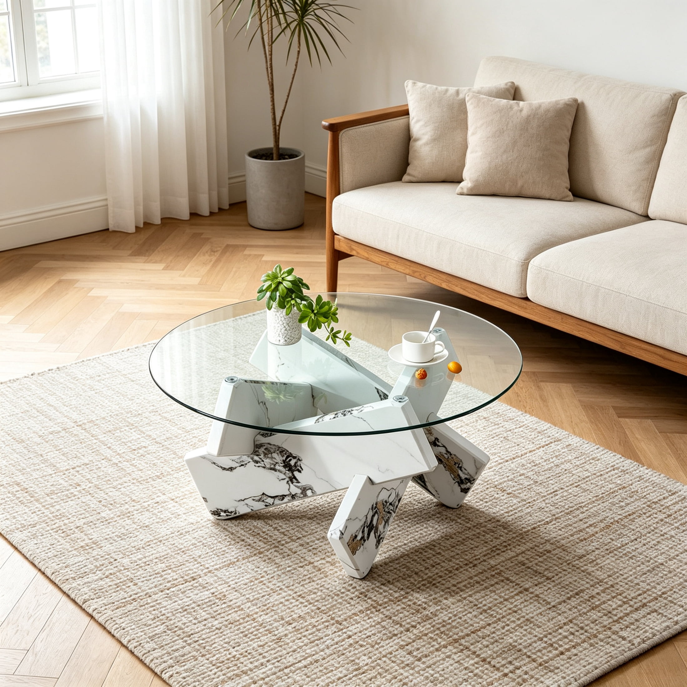 Vinform Round Coffee Table for Living Room, Transparent Glass, White