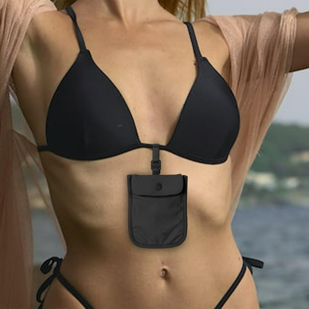 Mini Washable Bra Pouch Bra Wallet Storage Bag Pocket Purse Elastic Strap  Credit Cards for Women Outing Travel Black