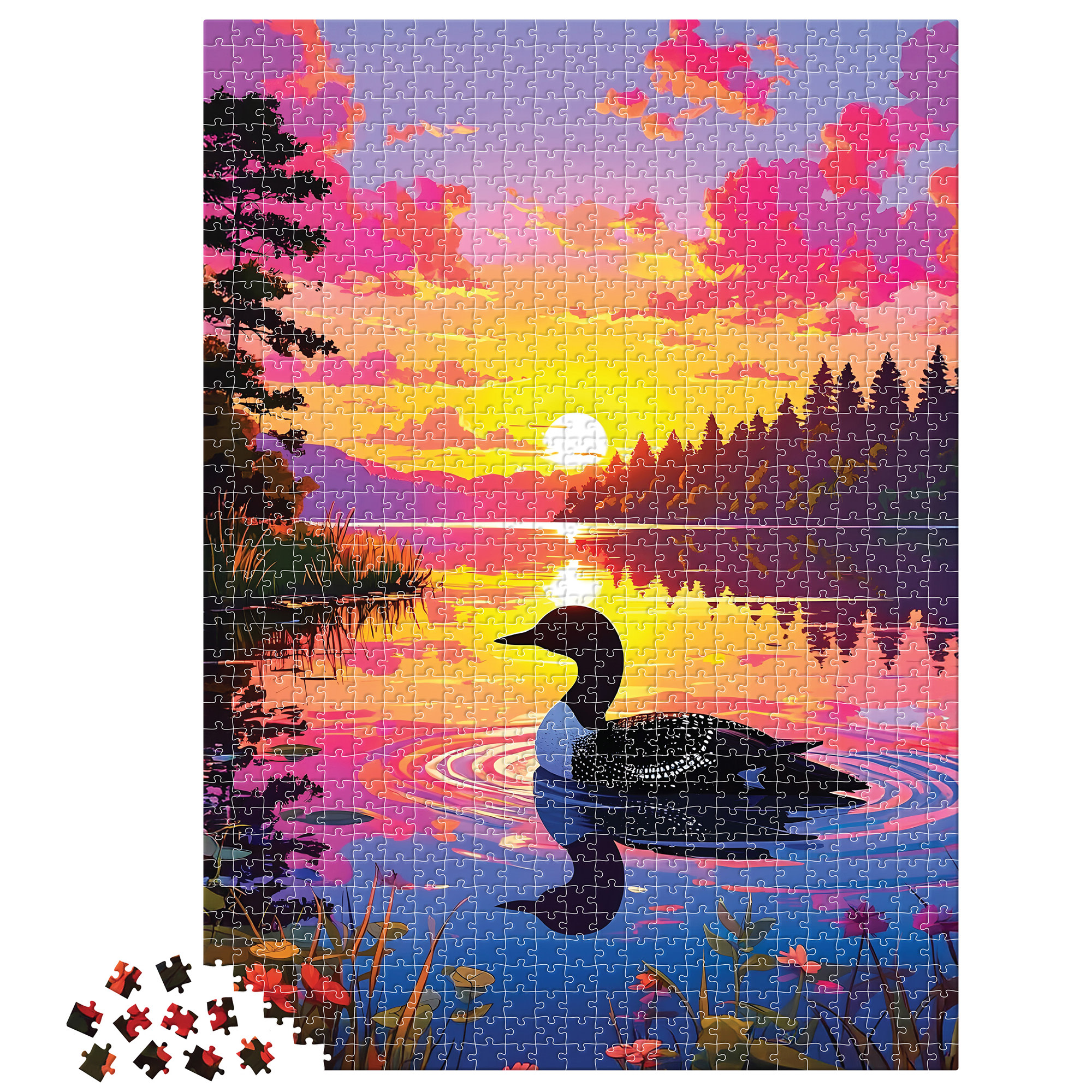 Brea Reese: 1000 Piece Puzzle - Loon - Bird & Lake Sunset Landscape Scene, Adult Jigsaw, Soft-Touch, Snap-Fit, Image Reference Poster, 19.25 x 26.75"
