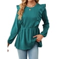 thumbnail image 3 of Hibeli Women Textured Ruffle Trim Round Neck Long Sleeve Peplum Tunic Top, 3 of 7
