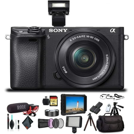 Sony Alpha a6300 Mirrorless Camera with 16-50mm Lens Black ILCE6300L/B With Bag, Filters, 2x Extra Batteries, Rode Mic, LED Light, External HD Monitor, 2x 64GB Cards, , Plus Essential Accessories