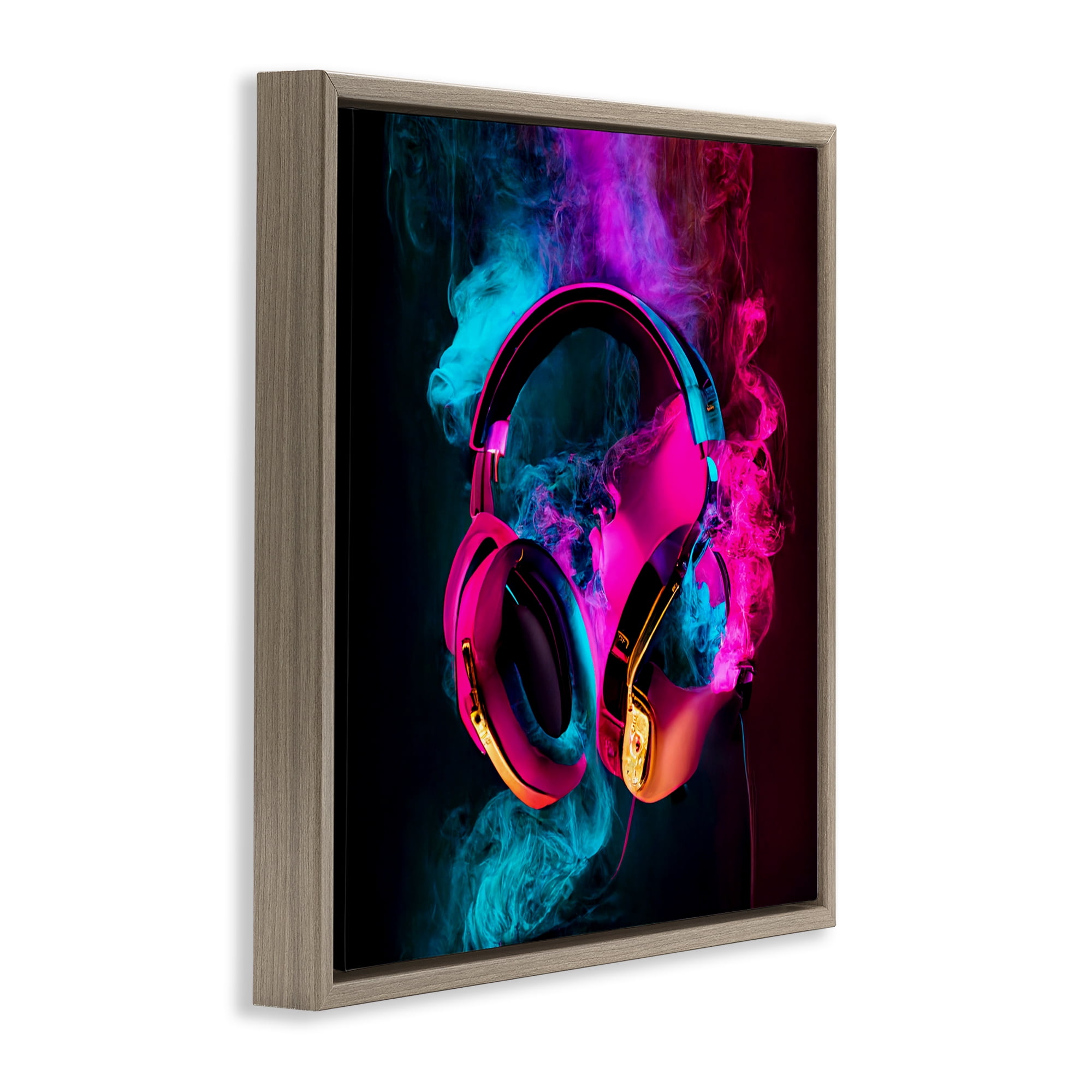 Power Play Pink & Blue Headphones Brown Framed Floater Canvas Wall Art, design by Sasha