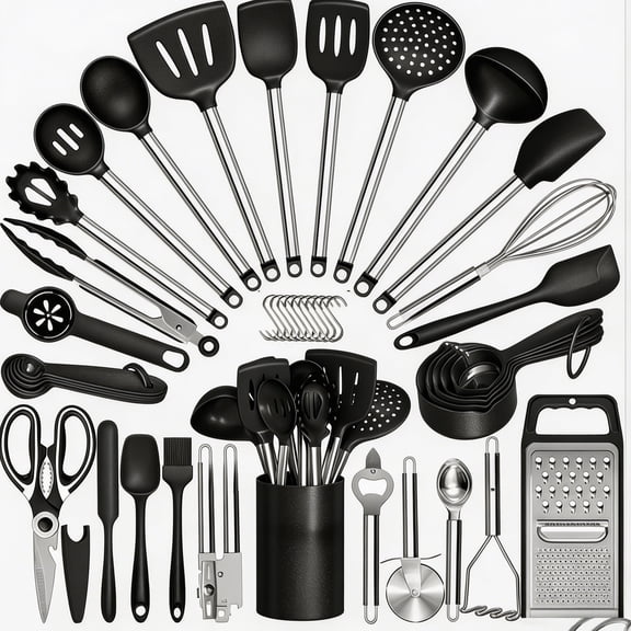 BANBERS 44-Piece Silicone Kitchen Utensils Set, 446°F Heat Resistant Nonstick Cooking Tools, Stainless Steel Handle, Can Opener Peeler Spatula Tongs, Dishwasher Cleanable - Black