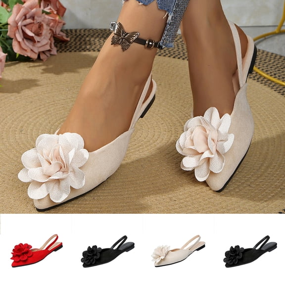 YgkuHd Women's Casual Flat Sandals Pointed Toe Closed Toe Large Textured Fabric Flower on Toe Cap Adjustable Slingback Beige,5.5
