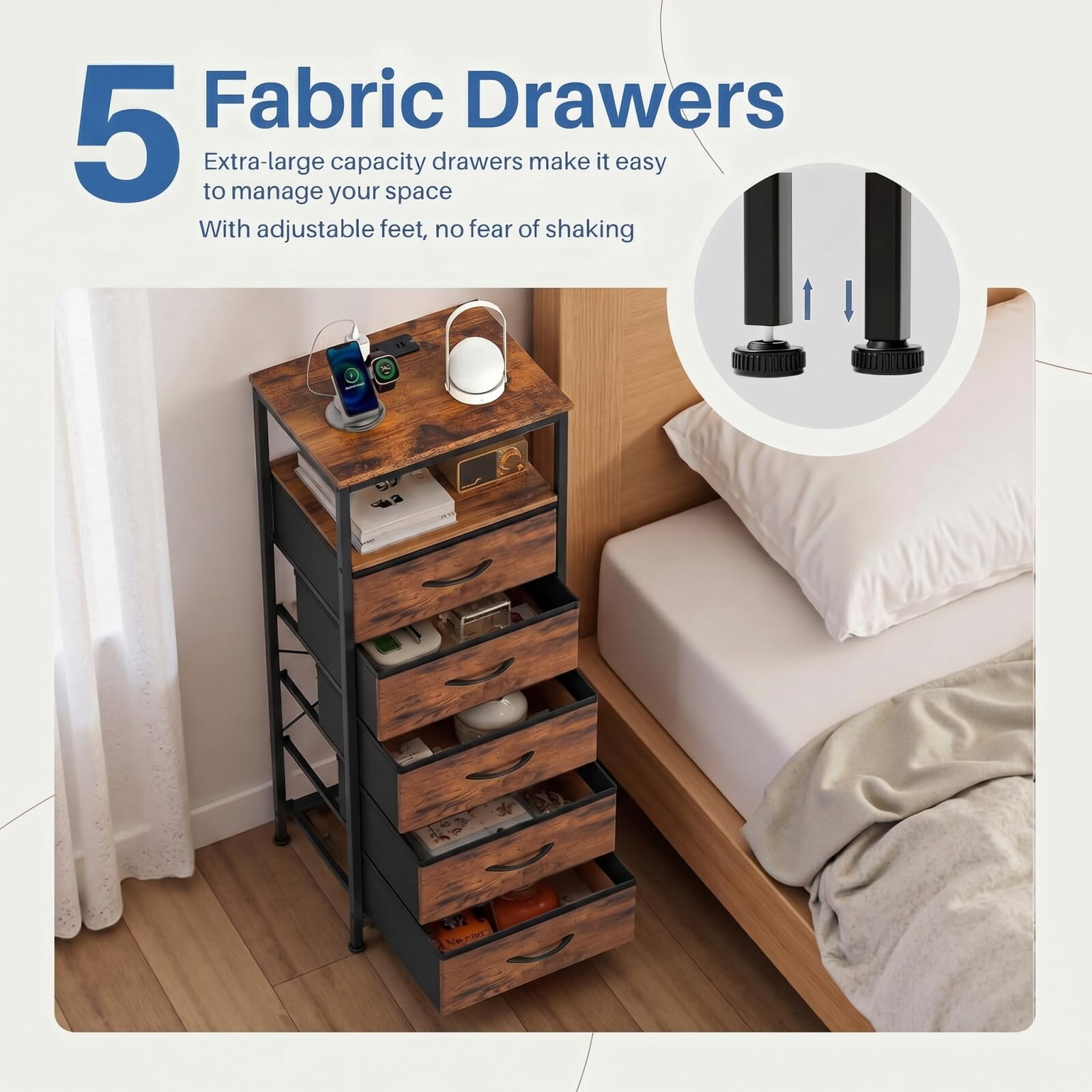 Kelno 5-Drawer Nightstand with Charging Station AC Outlets LED Light Dresser Bedside Table, Rustic Brown