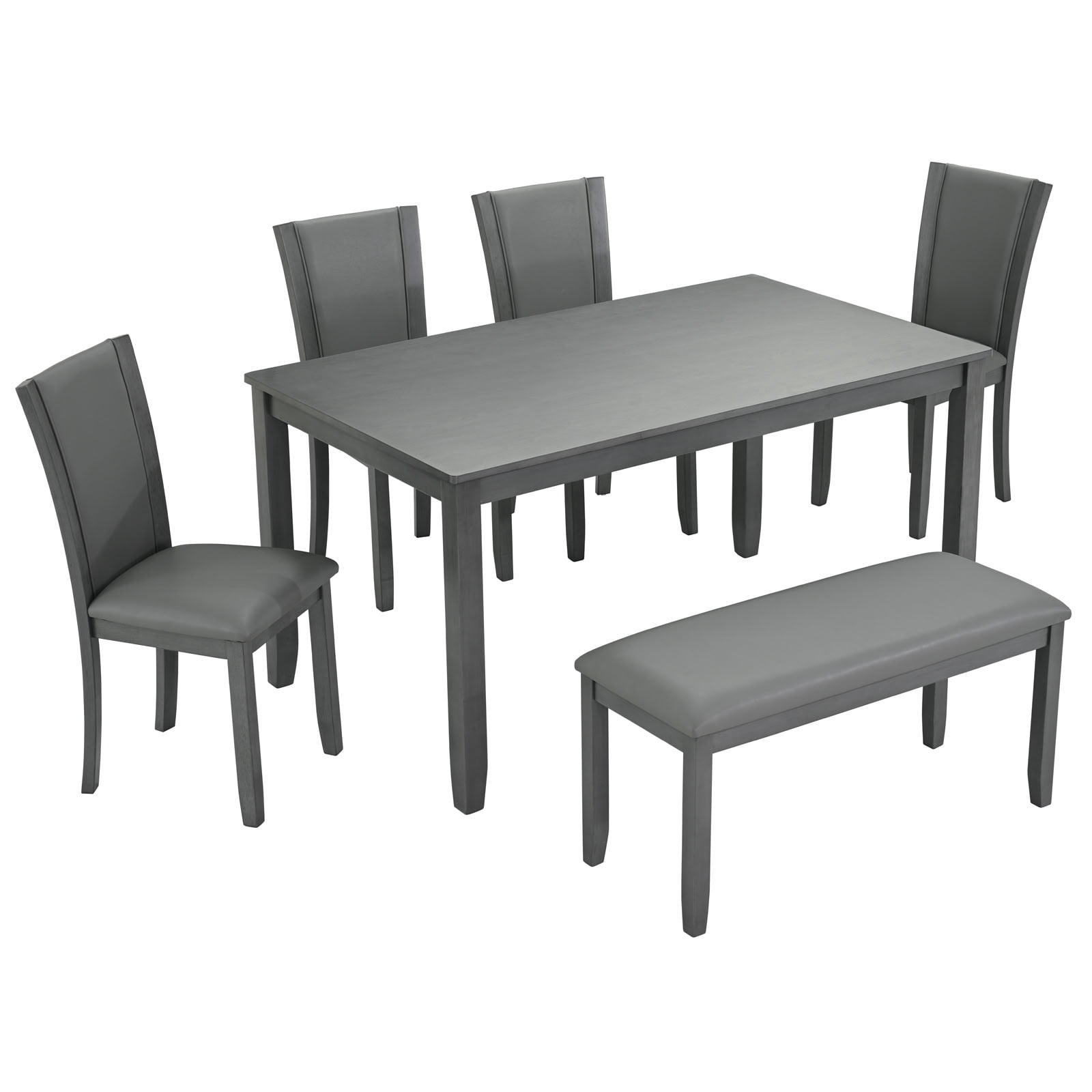 MAYEERTY 6-Piece Dining Table Set with Bench & Chairs, Modern Wooden Dining Set for 6-Person, for Dining Room Kitchen, Grey