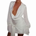 thumbnail image 1 of Solid Color Low-Cut Halter Neck Long Sleeve High Waist Bodycon Dress White L, 1 of 9