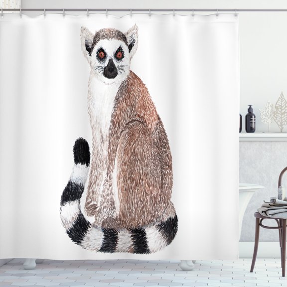 Lemur Shower Curtain, Watercolor Detailed Drawing of Ring Tailed Wild Furry Madagascar Animal, Fabric Bathroom Set with Hooks, 69W X 84L Inches Extra Long, Pale Redwood Multicolor, by Ambesonne