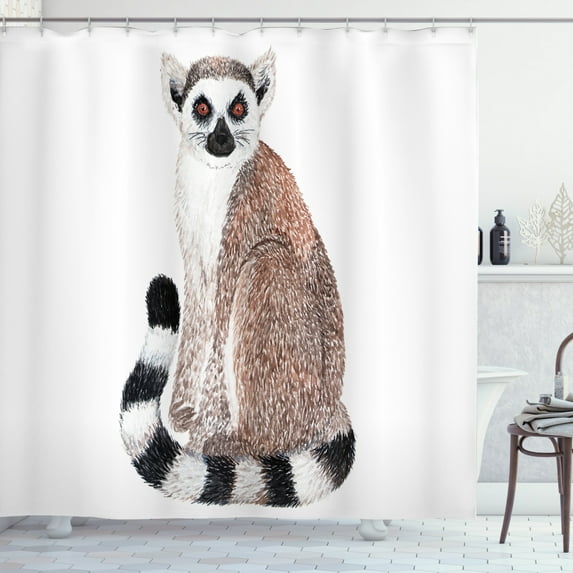 Lemur Shower Curtain, Watercolor Detailed Drawing of Ring Tailed Wild Furry Madagascar Animal, Fabric Bathroom Set with Hooks, 69W X 75L Inches Long, Pale Redwood Multicolor, by Ambesonne