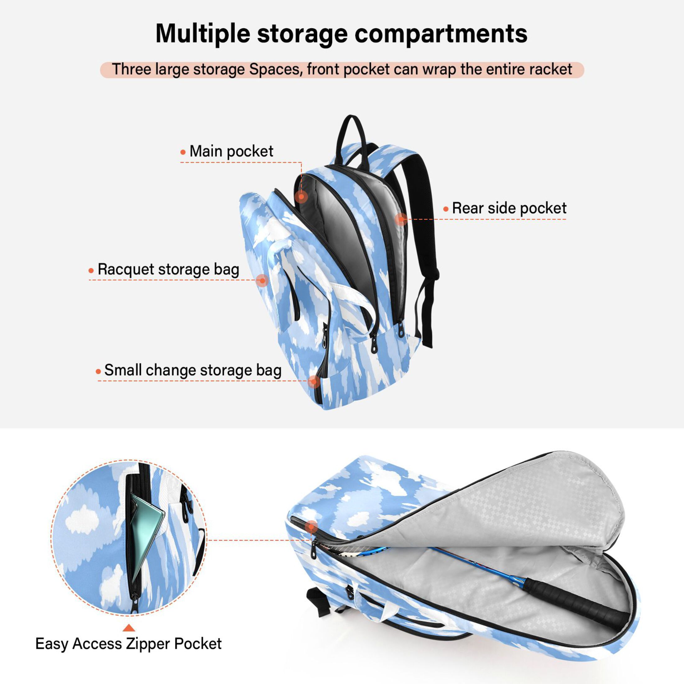 2 Racquet Holder Tennis Backpack Tennis Racket Covers Gym Bags White Silhouettes Of Sheep