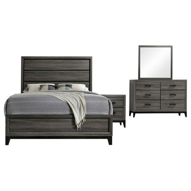 Asheville 4 Piece Bedroom Set King Gray Wood Modern Panel Bed Dresser Mirror 1 Nightstand Walmart Com Walmart Com