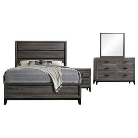 Asheville 4 Piece Bedroom Set, King, Gray Wood, Modern (Panel Bed, Dresser, Mirror, 1