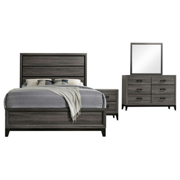 Asheville 4 Piece Bedroom Set Queen Gray Wood Modern Panel Bed Dresser Mirror 1 Nightstand Com Modern Panel Bed Dresser Mirror, Gray Wood Furniture Set