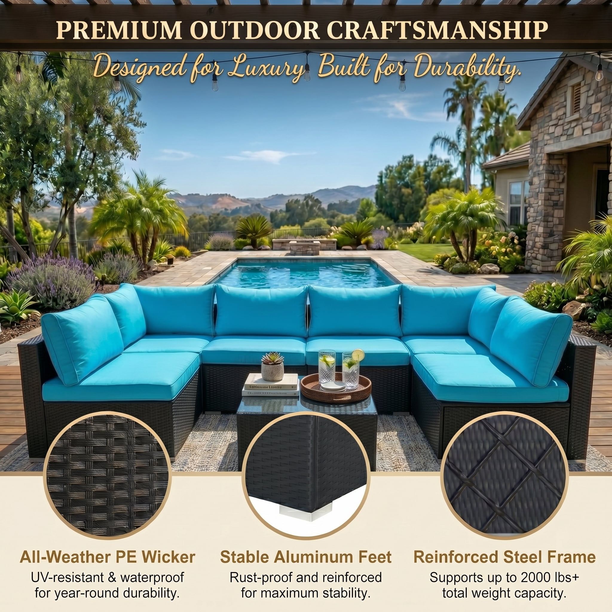 Howcool 7-Piece Modular Outdoor Patio Furniture Set with Cushions and Tempered Glass Table