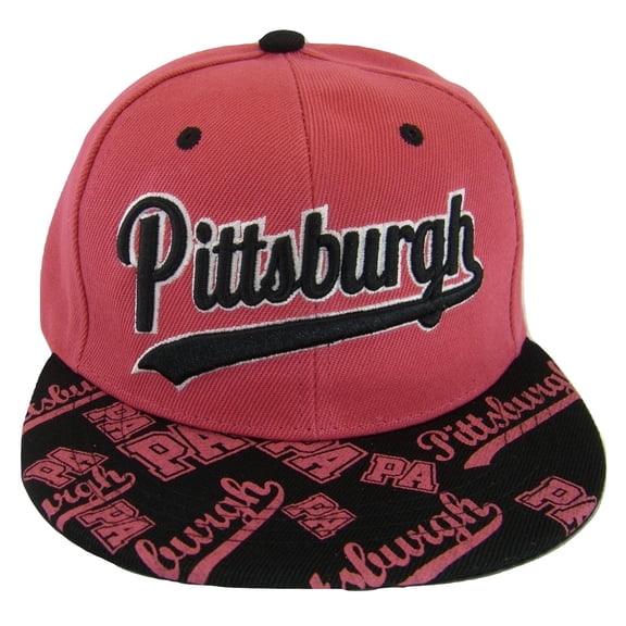 Pittsburgh Script Print on Bill Adjustable Snapback Baseball Cap (Hot Pink/Black)