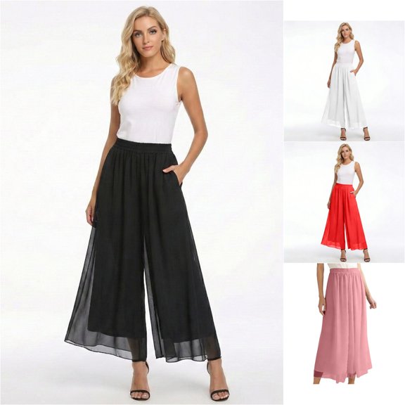 Xiaoxatg Women's Pants, Plus Size Satin Chiffon Palazzo Pants with High Rise Waist Cropped Wide Leg Everyday Resort for Spring Summer Autumn Black XL