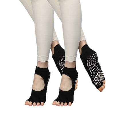 Women's Open-Toe Grip Socks for Yoga and Pilates with Non-Slip Soles and Arch Support - Black