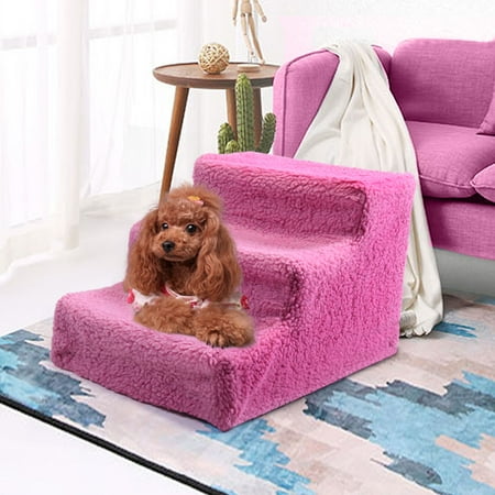 Cat Dog Stairs - Pet Stairs 3 Steps Indoor Dog Cat Steps Removable Washable Pets Ramp Ladder Pink