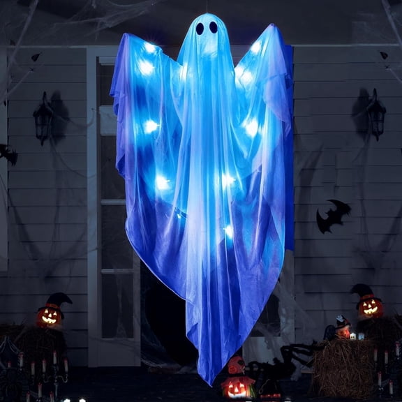 Ayieyill Halloween Ghost Decor with Blue LED Light, 47” Light up Hanging Ghost Halloween Yard Porch Decorations Outdoor