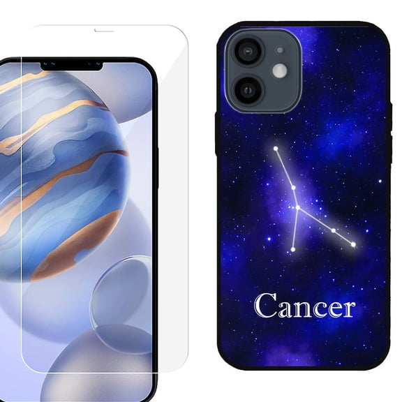 Slim-Fit Protective Phone Case (Black) compatible with iPhone 12 / iPhone 12 Pro, with Tempered Glass Screen Protector, by OneToughShield ® - Zodiac / Cancer