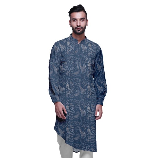 Atasi Kurta Asymétrique en Rayonne pour Homme, Kurta Chemise Longue Décontractée Imprimée