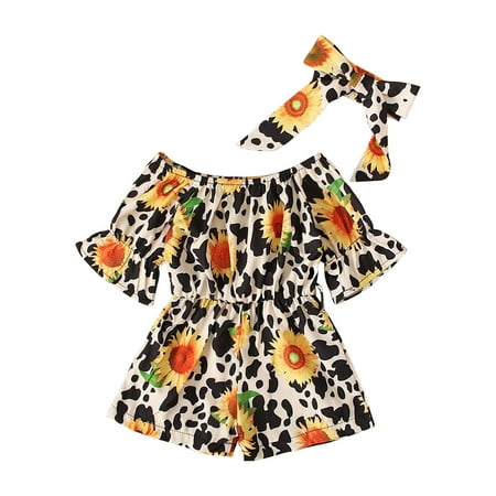 

YWDJ 6 Months-4 Years Toddler Jumpsuit Girls Summer Floral Short Sleeve Jumpsuit + Bow Two-piece Kids Khaki 6-12 Months